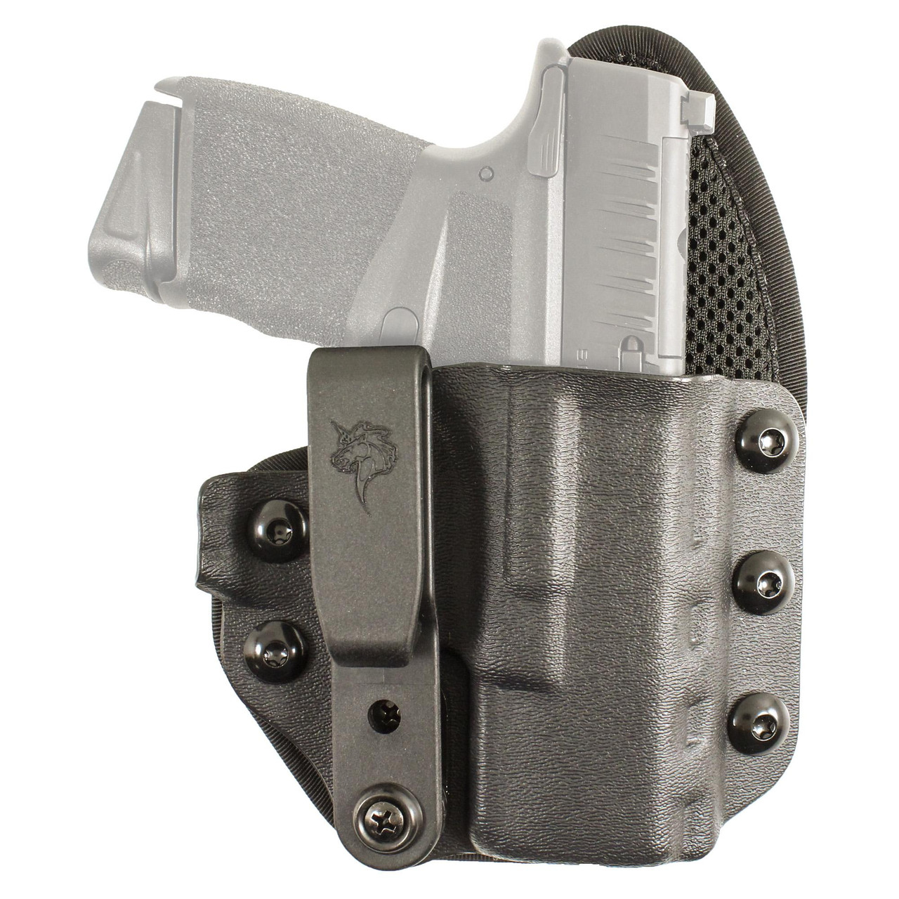 DeSantis Gunhide Uni-Tuk IWB Holster #206 - Precision-Molded Kydex and Adjustable 360 C Clip for Enhanced Concealment - Image showing holster with firearm attached for concealed carry.