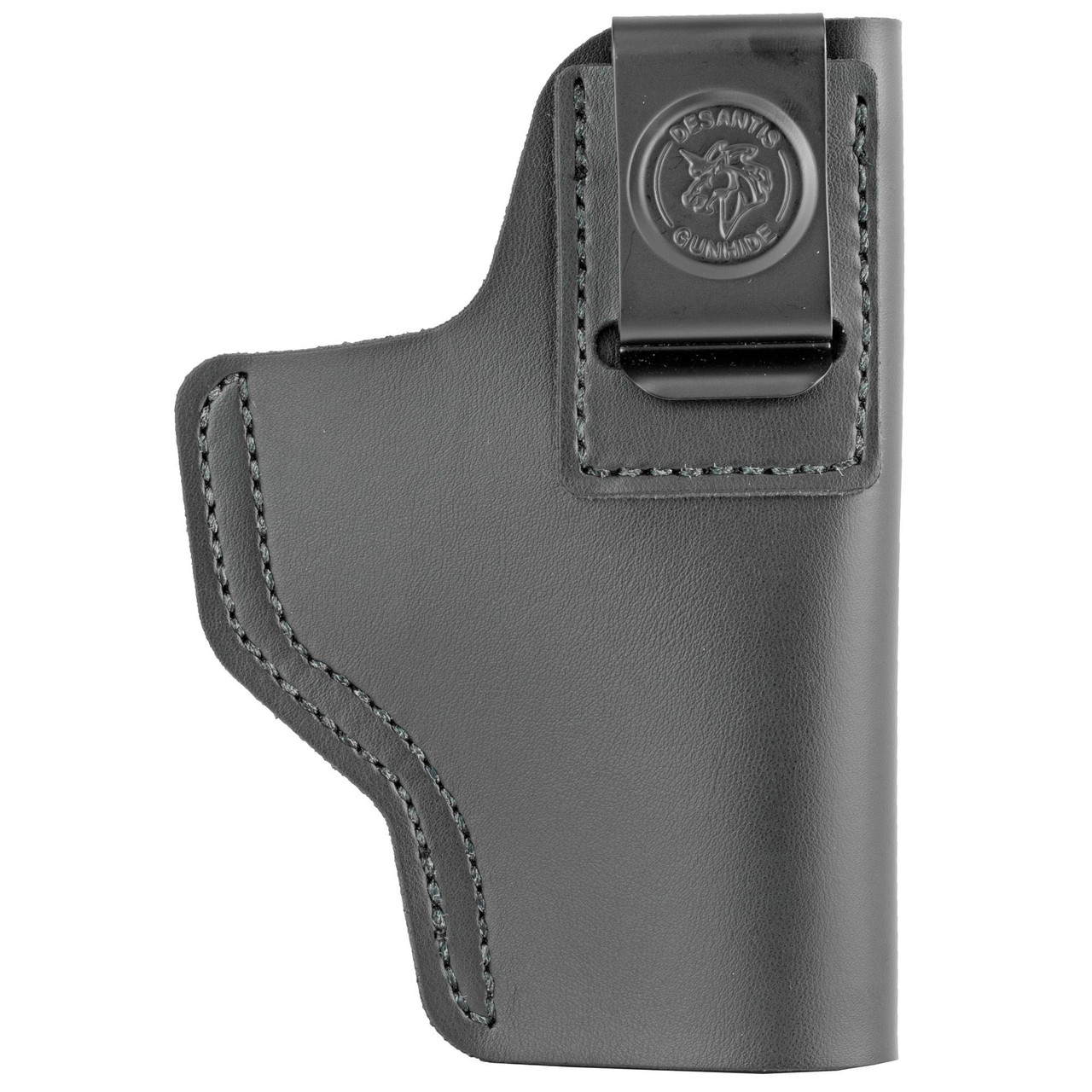 DeSantis Gunhide Insider® Concealment Holster - Minimal Bulk Design with Heavy-Duty Steel Clip, Black, close-up of the holster showing its sleek design, reinforced stitching, and the signature logo on the clip.