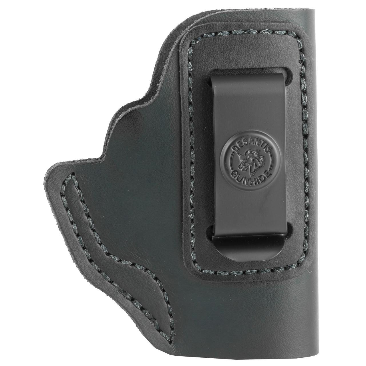 DeSantis Gunhide DESANTIS INSIDER LCP/P3AT/DB RH BLK, black holster with a clip and stitched leather design.
