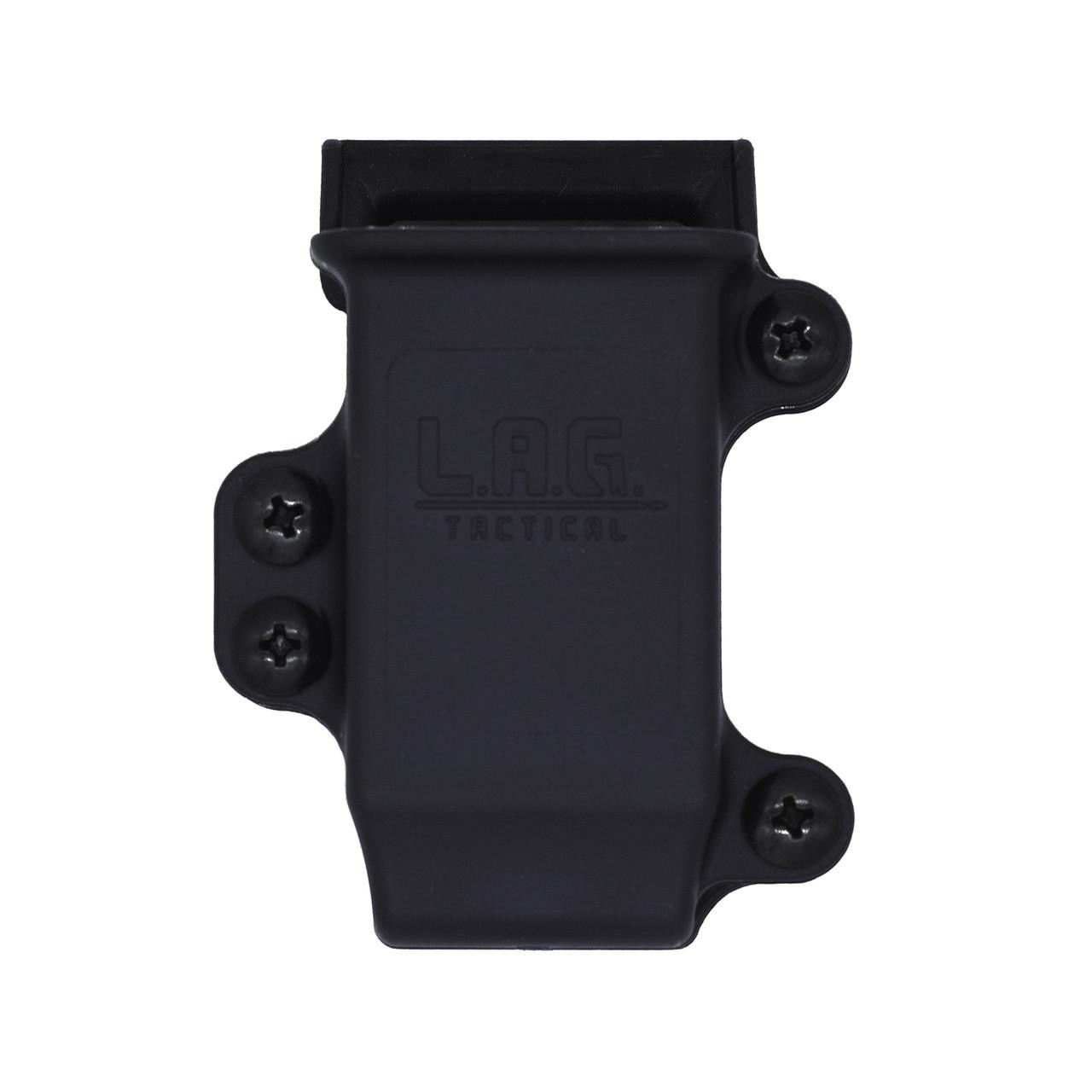L.A.G. Tactical, Inc. LAG 9/40 FS PRO SPMC BLK, black tactical accessory component with screws.