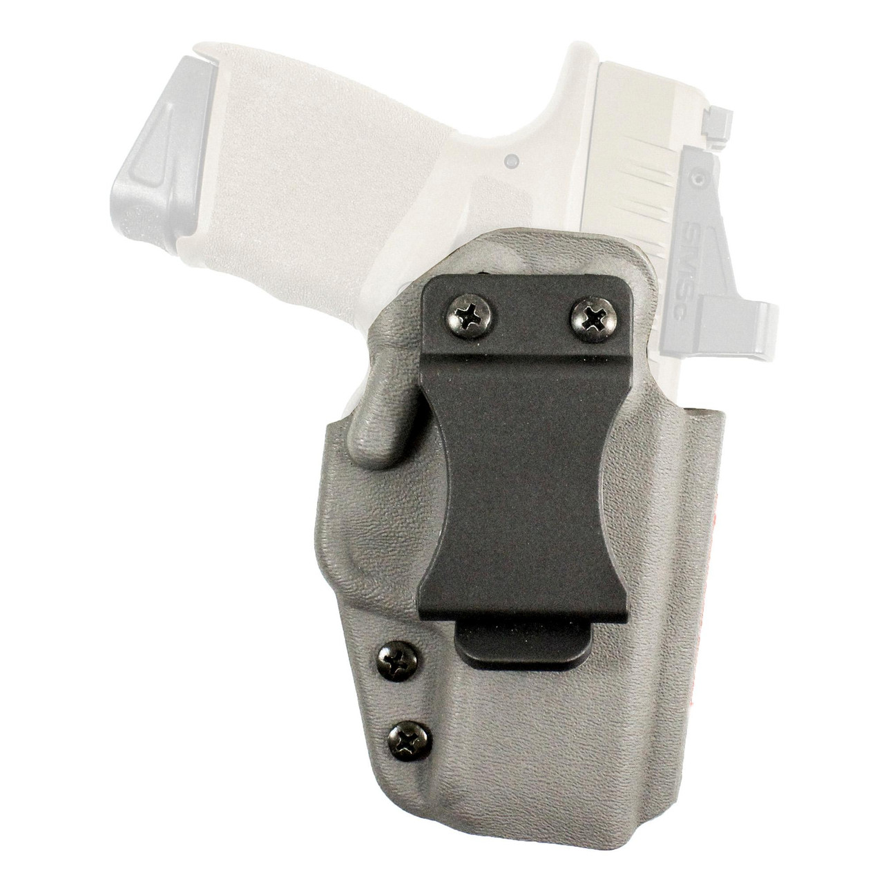 DeSantis Gunhide Mean Streak IWB Kydex Holster - Adjustable, Sweat Guard, RMR Compatible - Model 220LA1LZ0, showing a close-up of the black Kydex holster attached to gray handgun grip with screws.