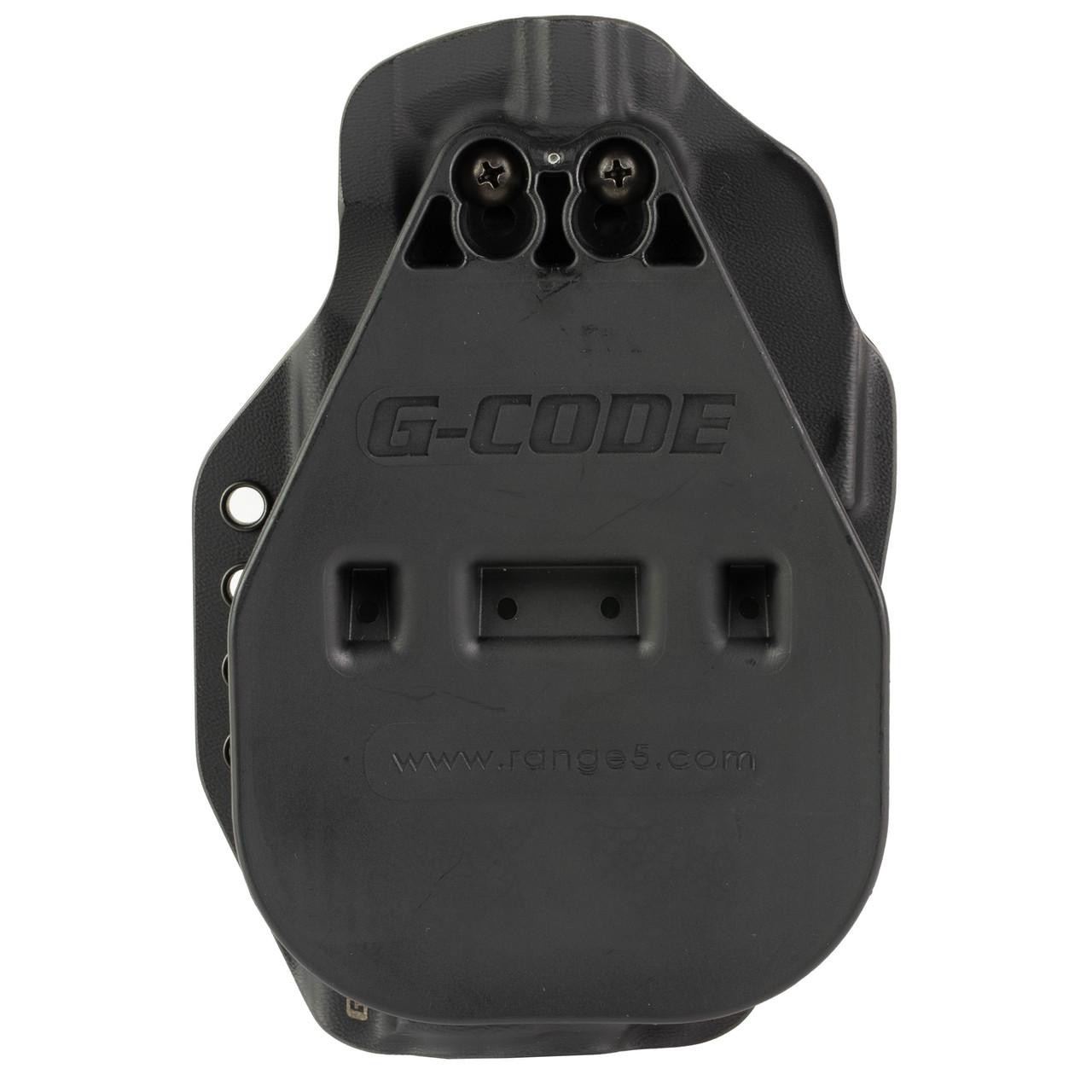 G-Code G-CODE PRIME CARRY P320F, black gun holster or accessory with embossed logo and website, designed for firearm carrying.