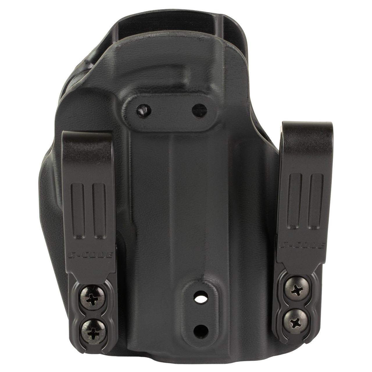 G-Code GPC-K01-129 Prime Carry Holster for Sig P365 XMacro, close-up of tactical holster with precision fit and secure no rattle design, black finish, adjustable retention clips for operator gear.