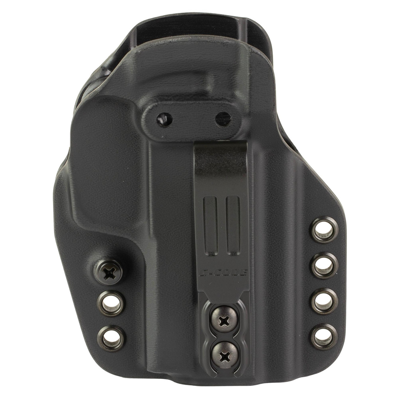G-Code GPC-K01-129 Prime Carry Holster for Sig P365 XMacro, close-up of tactical gun holster showing precision fit and secure no rattle design, black with mounting screws.