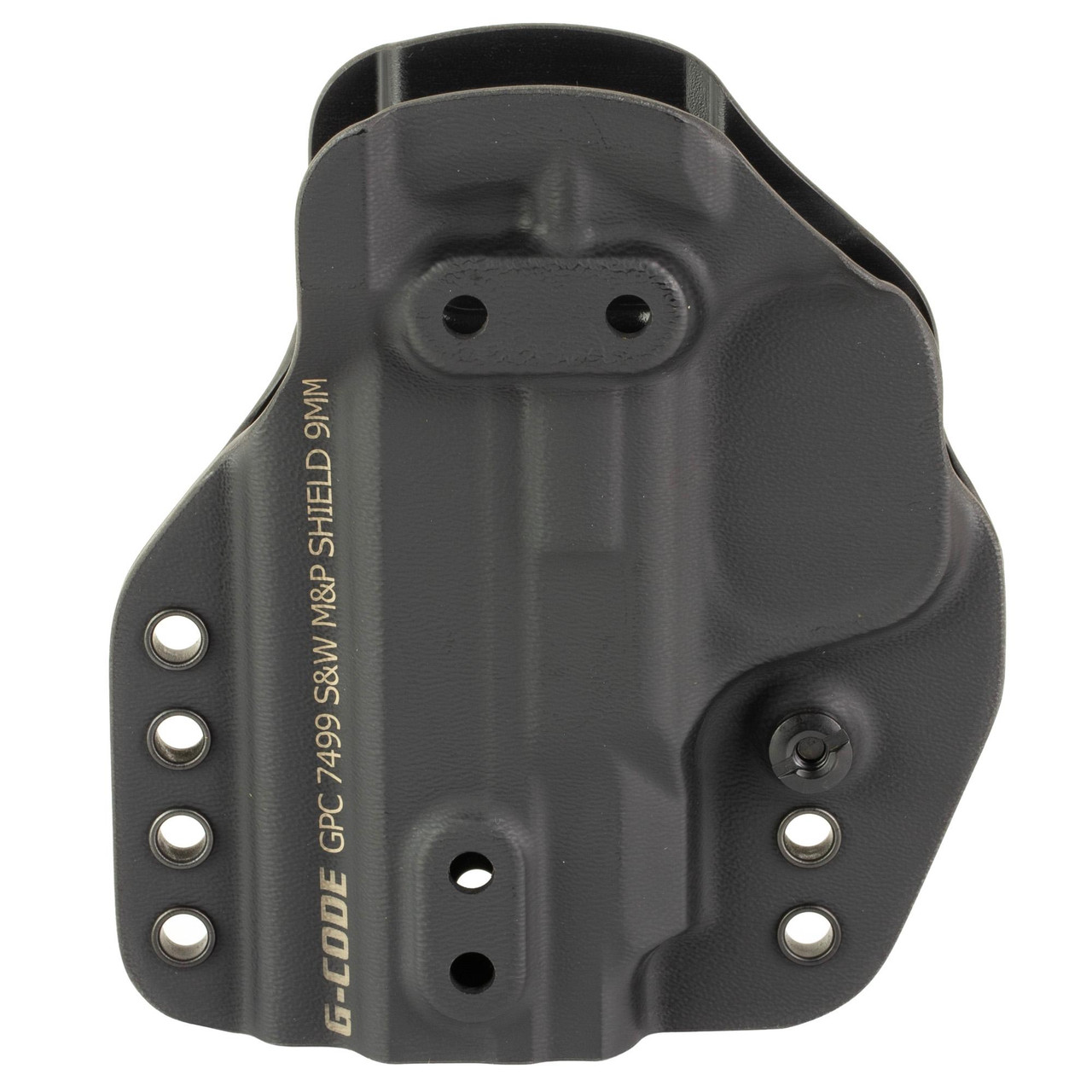 G-Code GPC-K01-074 Tactical Holster for S&W M&P Shield 9mm, black, with a precision fit for secure carry, shown from the front view.