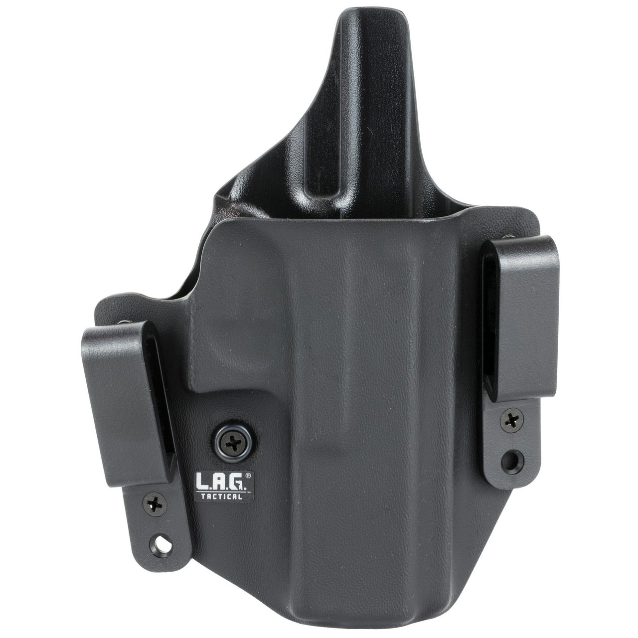 L.A.G. Tactical, Inc. 1013, a black tactical holster with adjustable retention screws and belt attachment clips.