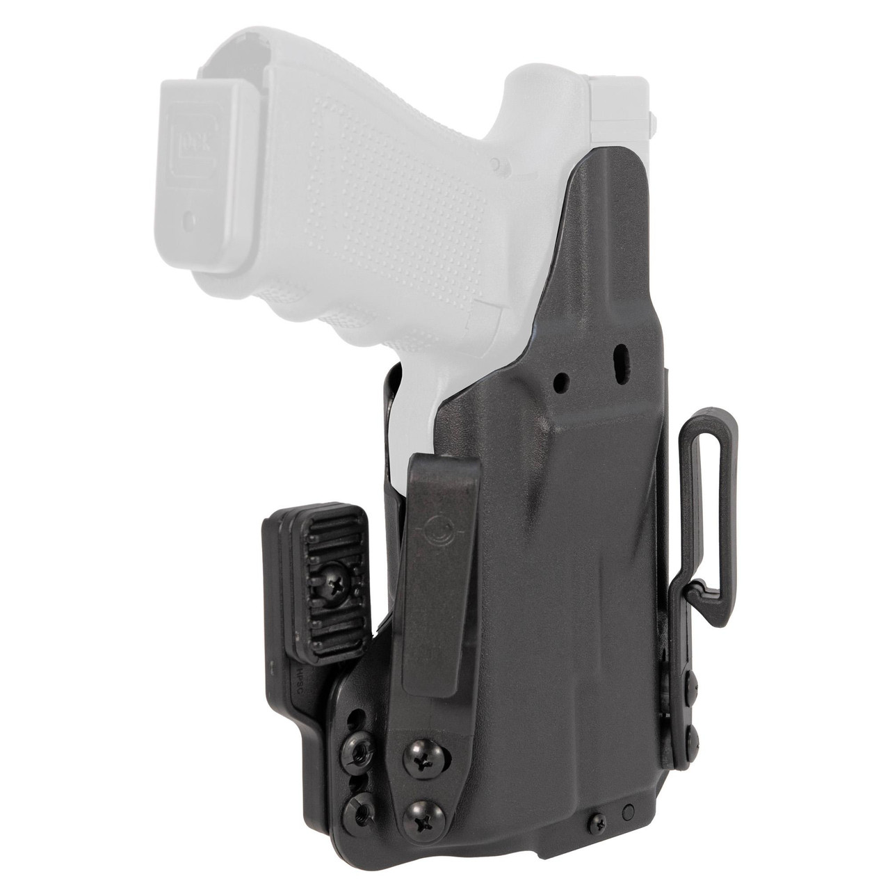 Mission First Tactical H5-GL-1-WL-7 Pro Series IWB Holster, a versatile inside and outside waistband carry holster with magnetic retention and tuckable clips, shown attached to a semi-automatic pistol.