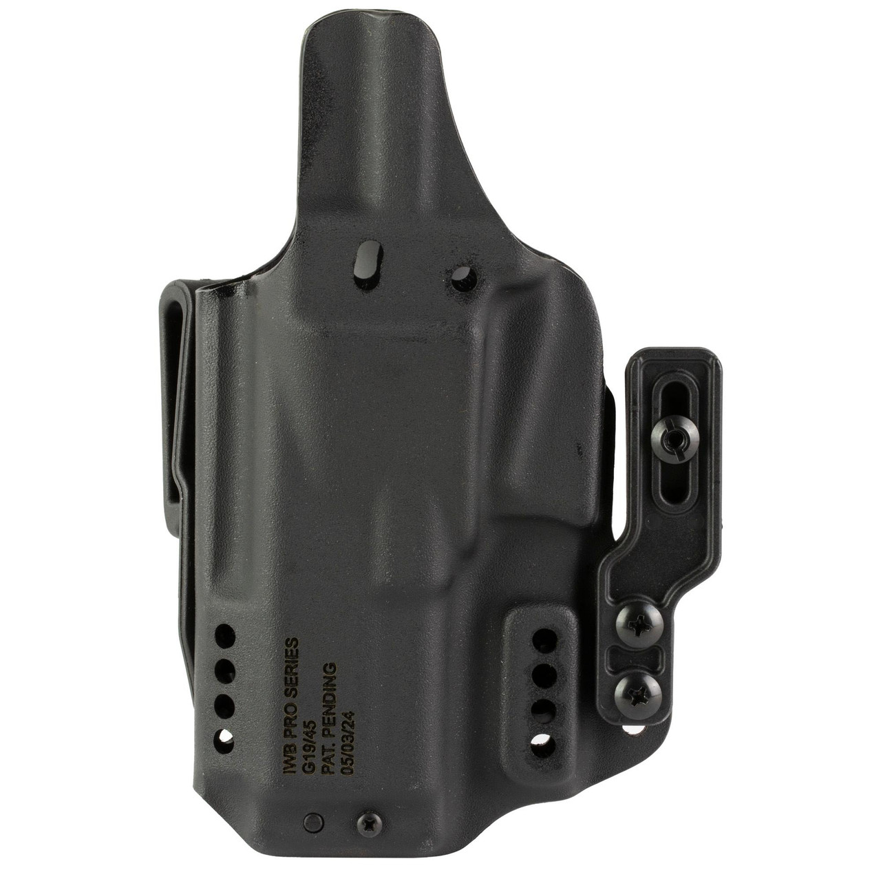 Mission First Tactical H8-GL-1 Pro Series IWB Holster - Ambidextrous Inside the Waistband Comfort with Magnetic Retention & Adjustable Cant, black holster for concealed carry with retention screws and belt clip attachment.
