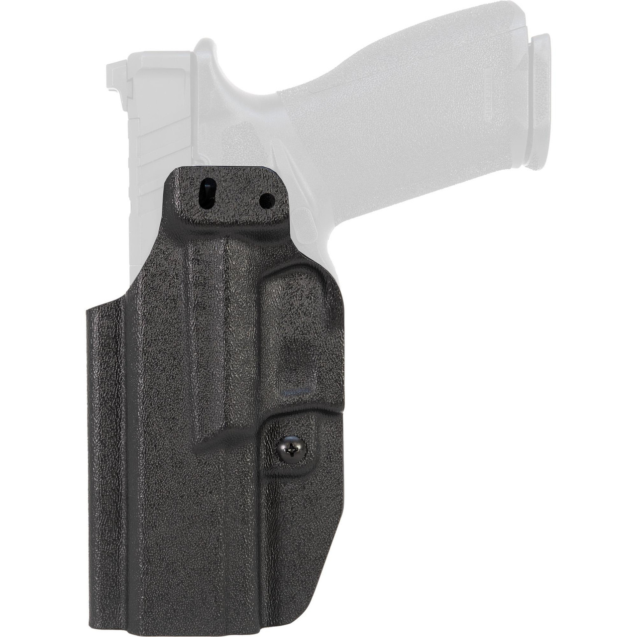 Mission First Tactical AIWB Holster HSF-ECAIWBA-BL, ambidextrous IWB/OWB carry holster with adjustable retention for comfort and security, shown on a handgun.