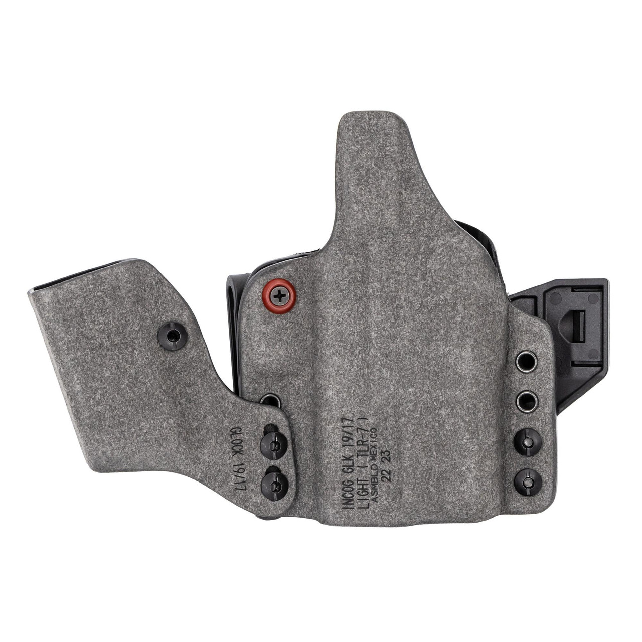 Safariland INCOG X IWB Holster for Glock 17/19 with Light, Model 1334548, showing a durable grey Kydex construction compatible with red dot sights and integrated magazine caddy.