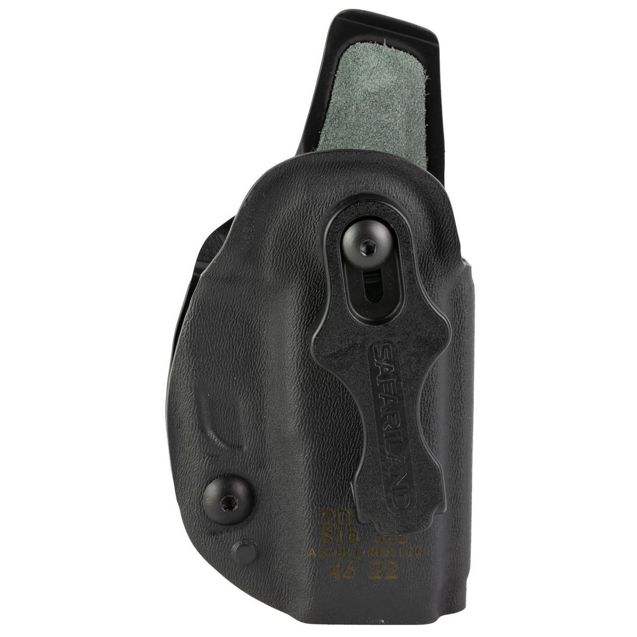 Safariland 20-365-131 IWB Kydex Holster for Sig P365 - Suede Lined, Adjustable Retention & Cant, black Kydex holster with adjustable retention and cant for concealed carry.