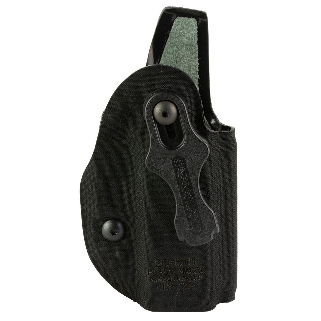 Safariland 20-565-781 Minimalist IWB Holster - Durable Boltaron Design with Optics Compatibility for Comfort & Custom Fit, showing a close-up of the black, lightweight, inside-the-waistband holster with retention latch and adjustable features.