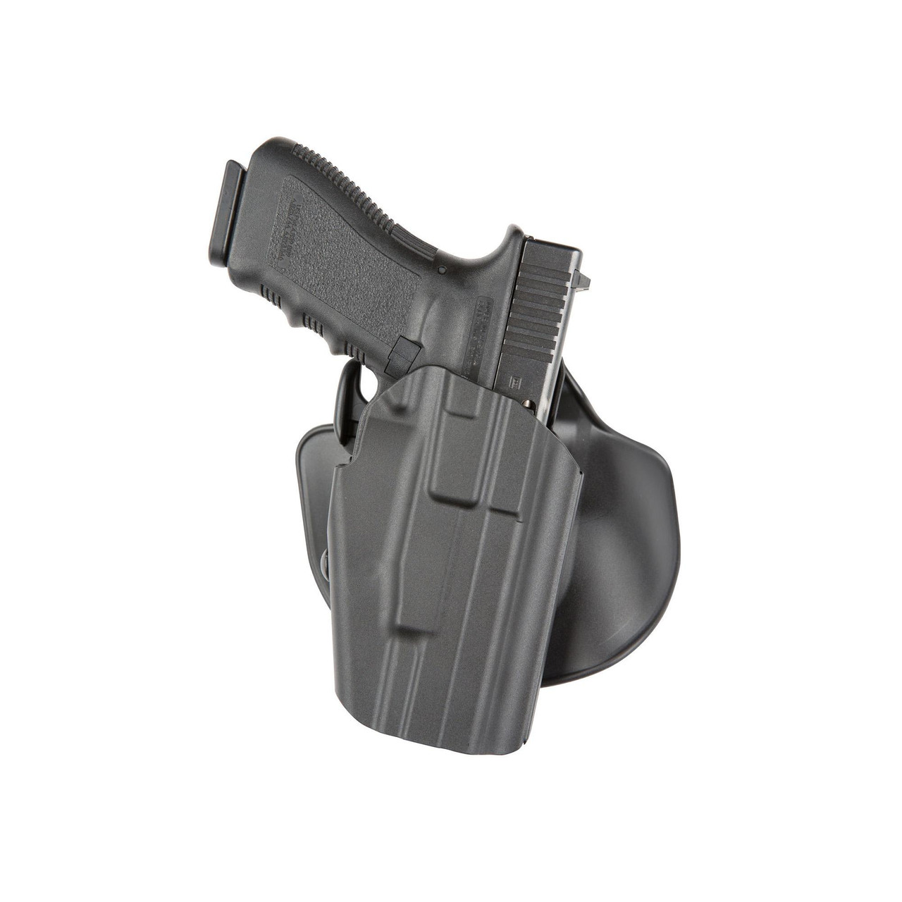 Safariland 578-183-411 GLS Pro-Fit Holster - Customizable Gun Holster for Glock 26/27/38 & More, showing a black polymer holster with adjustable retention and a Glock pistol securely held inside.