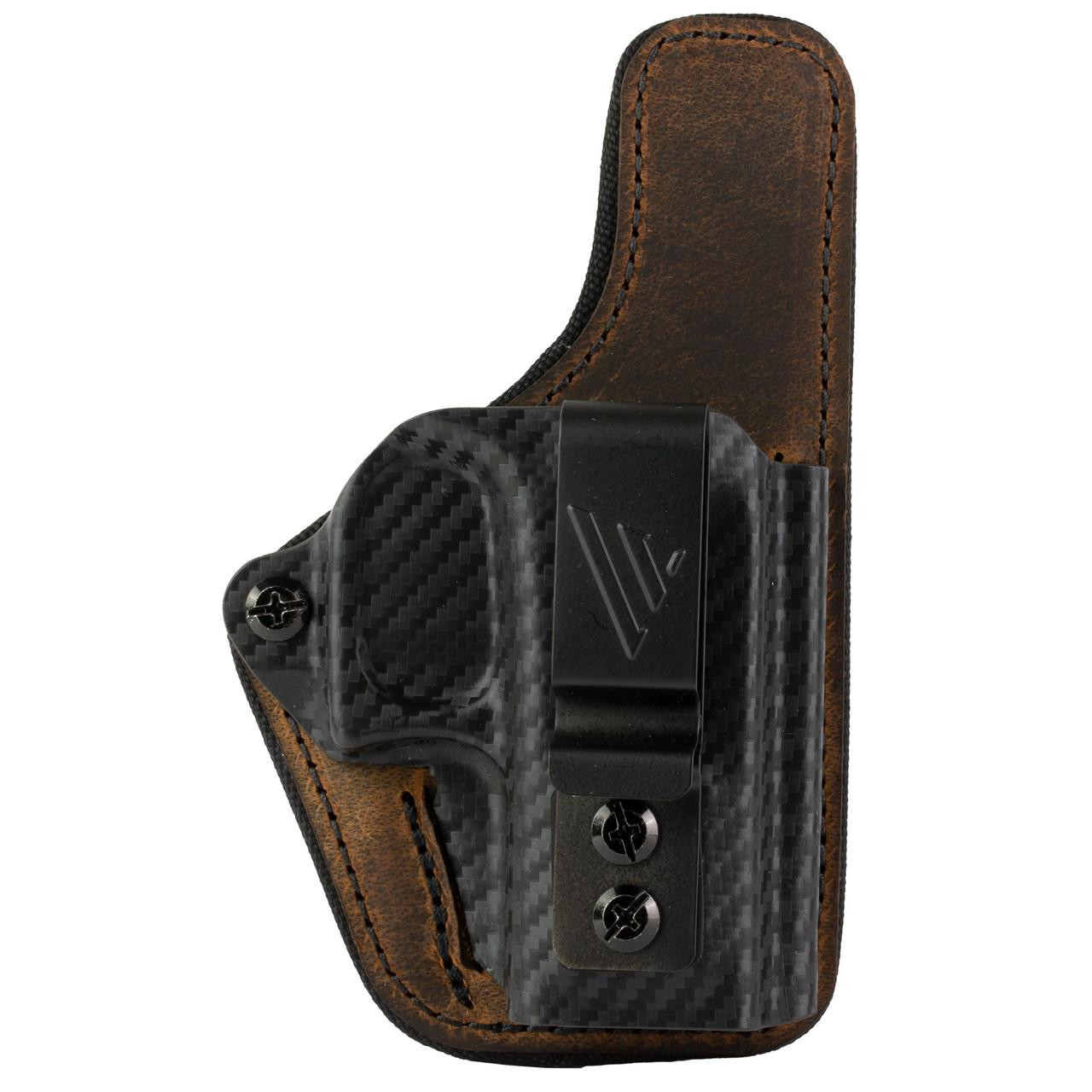 Versacarry VERSACRY CFC IWB GLOCK 43 holster, with a carbon fiber finish and brown leather backing for concealed carry.