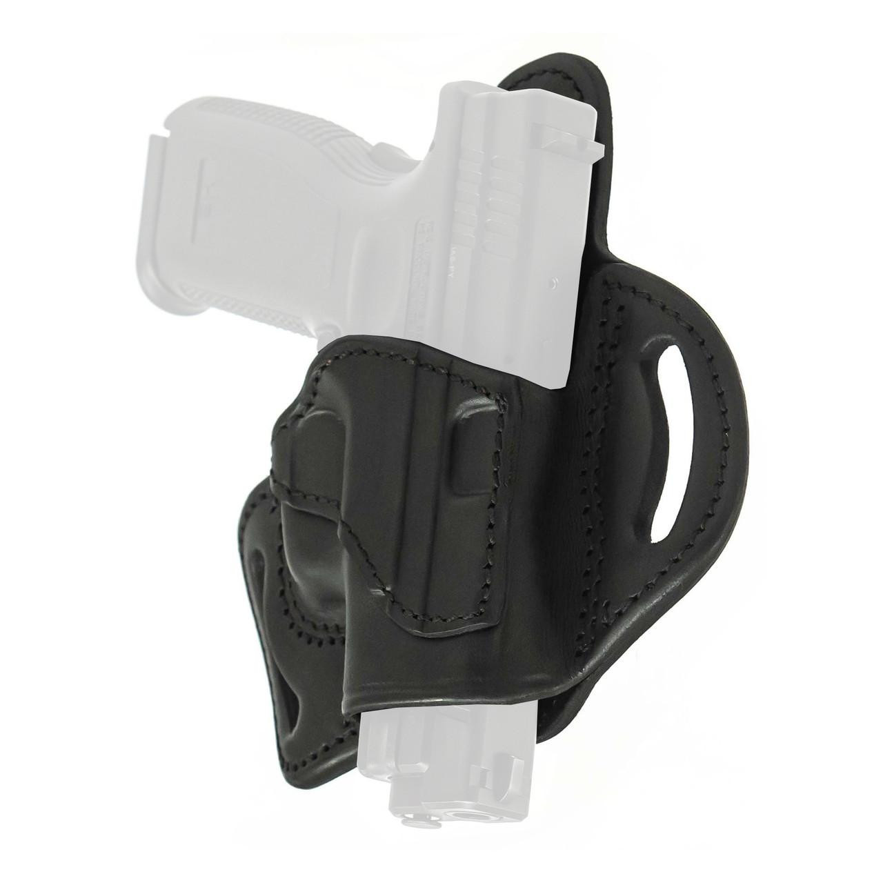 Tagua TAGUA TX 1836 BH2 FOR GLK 43 RH BLK, black leather holster for a handgun with a white handgun inside.