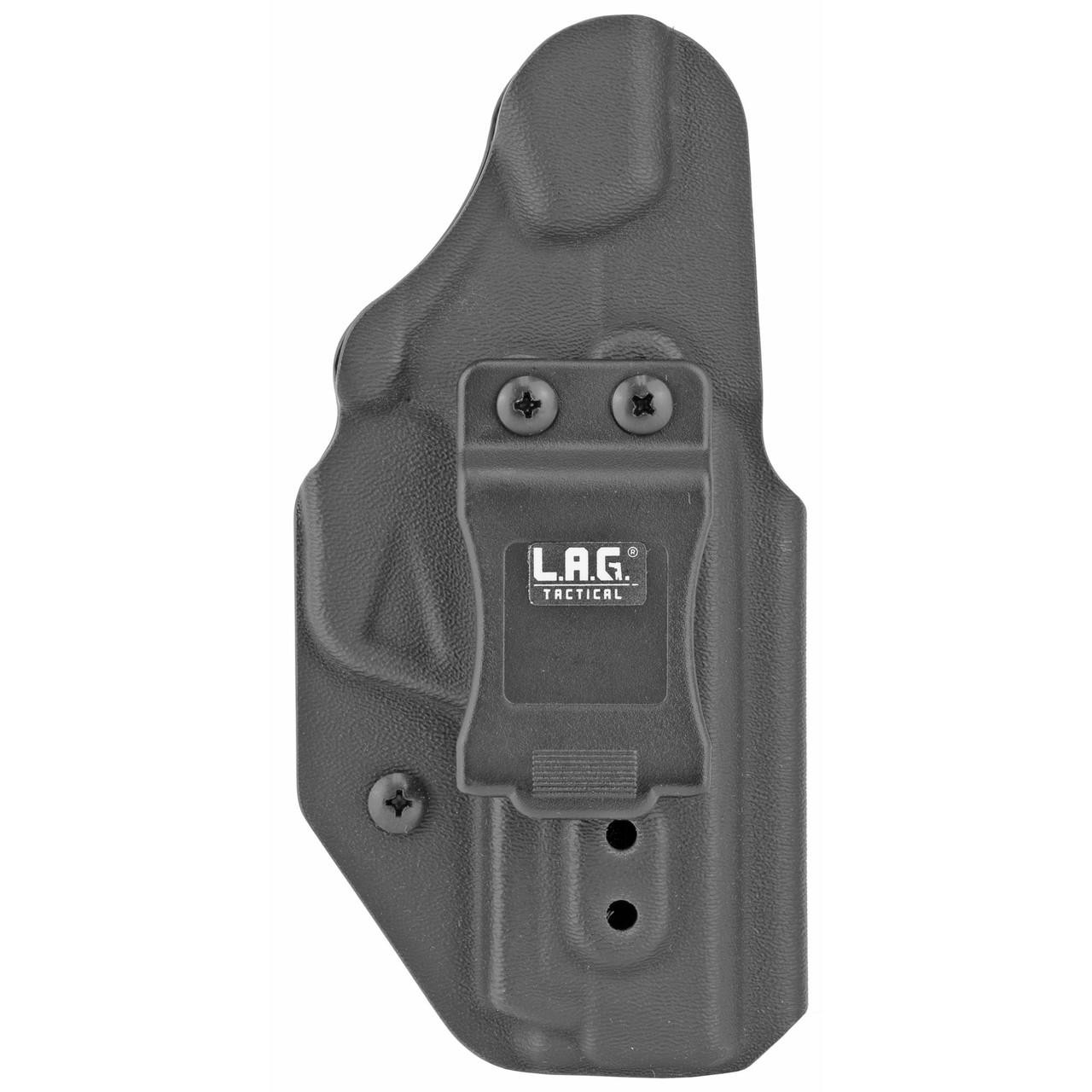 L.A.G. Tactical, Inc. LAG LIB MK II SHIELD 9 EZ BLK AMBI, black ambidextrous tactical handgun holster with a textured surface and adjustable screws.