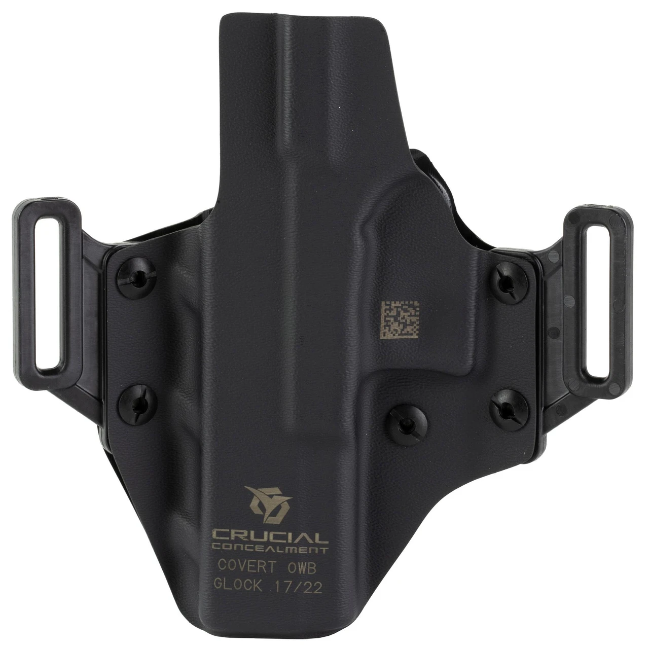 Crucial Concealment 1000 Covert OWB Holster - Adjustable Cant, Retention, and Optic Compatible for Ultimate Comfort and Concealment, black hard plastic OWB gun holster for Glock 17/22 with QR code and logo