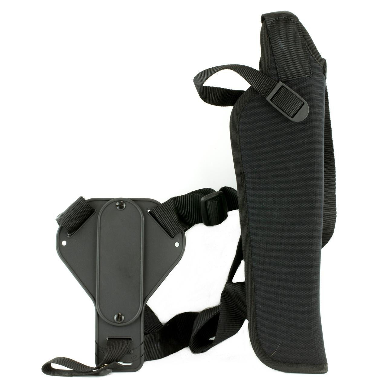Uncle Mike's U/M VERT SHLDR HLSTR SZ 4 BLK RH, a black shoulder harness with padding and adjustable straps.