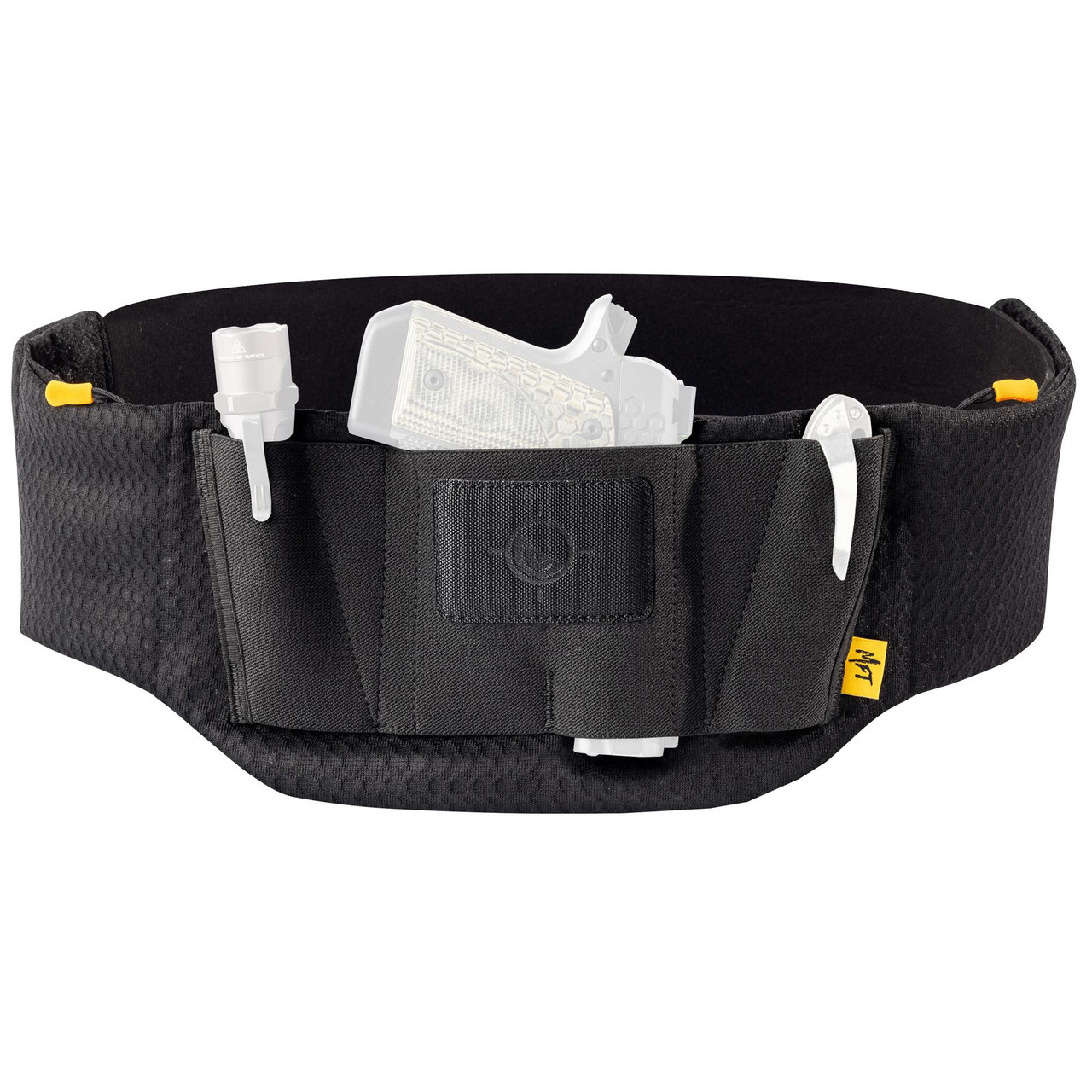 Mission First Tactical H6-BB-1 Belly Band Holster, a black tactical waistband holster with a textured surface, featuring multiple compartments for firearm and accessories, designed for ultimate comfort and breathability for concealed carry.