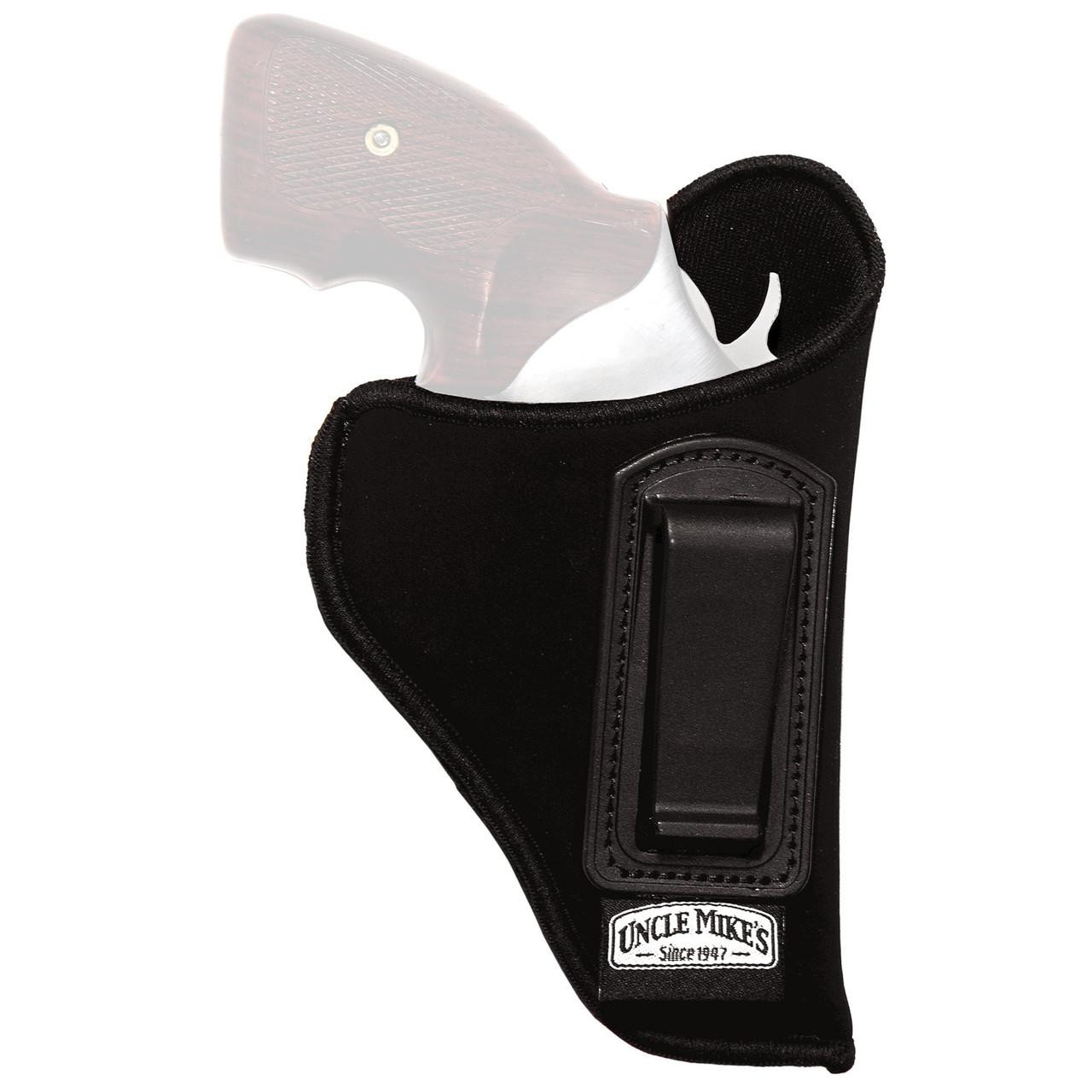 Uncle Mike's U/M INSIDE PANT HLSTR BLK SZ 36 RH, black inside waistband holster for handgun with adjustable strap and logo patch.