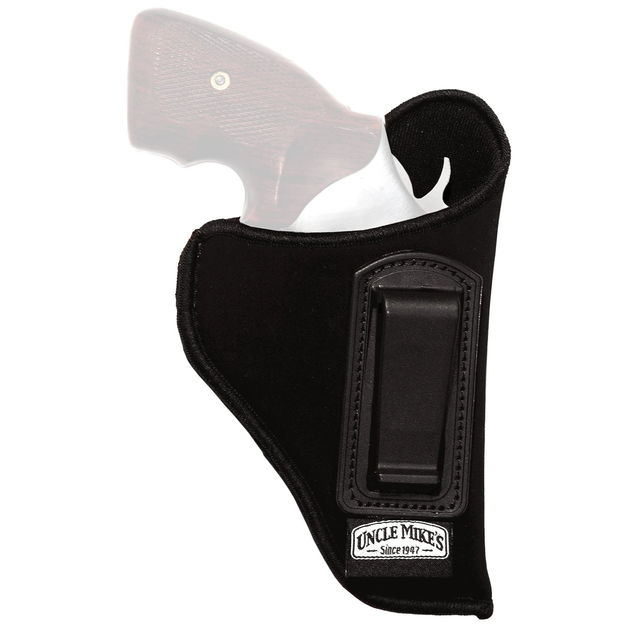 Uncle Mike's 89361 Ultra Thin Inside the Waistband Holster for Right-Handed Small Frame Revolvers, black IWB holster with a firearm holstered inside.