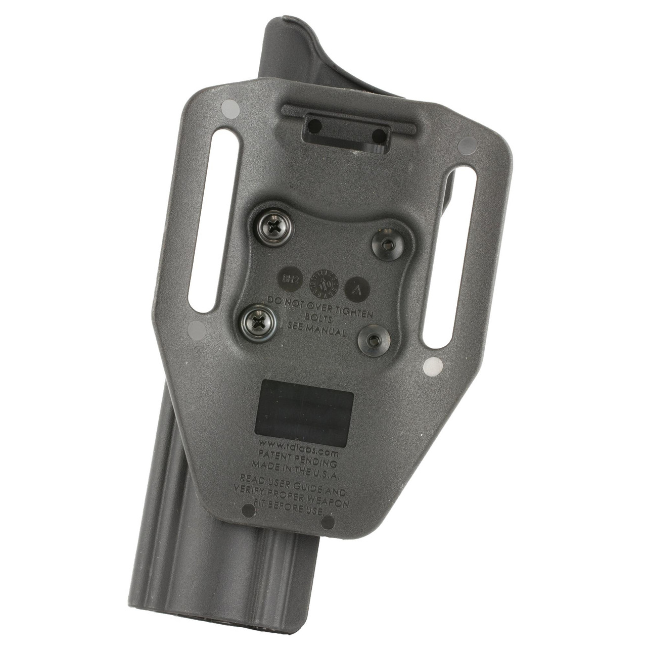 Tactical Solutions PAC-LITE Holster for Ruger Mark Series, ambidextrous high-ride design with adjustable retention, fits optics and suppressors, shown from the back side with visible screws and mounting details.