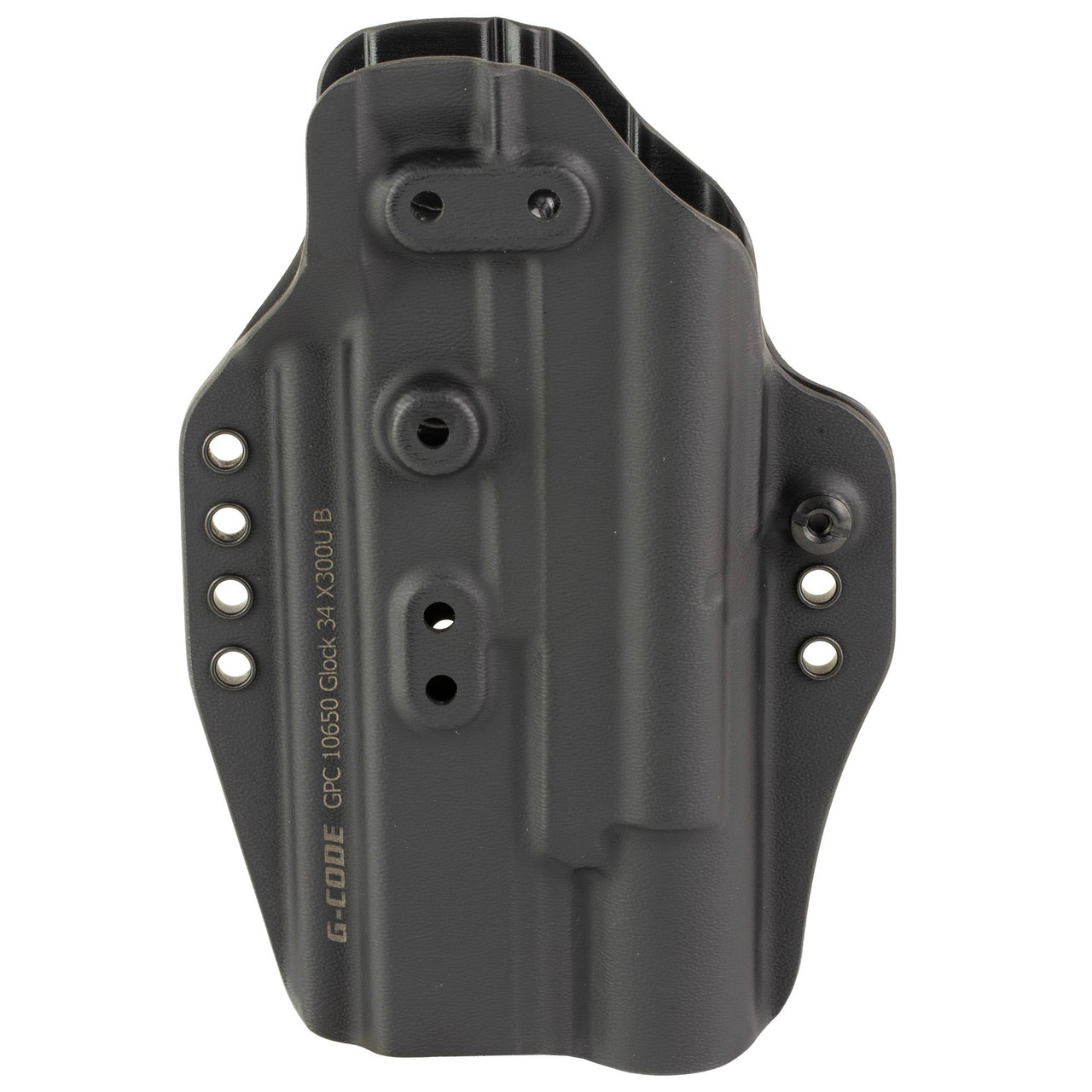 G-Code GPC-K01-106L50 Prime Carry Tactical Holster for Glock 34 Gen 3-5 with X300U-B - Black Precision Fit, black tactical gun holster with multiple mounting holes for versatile carry options.