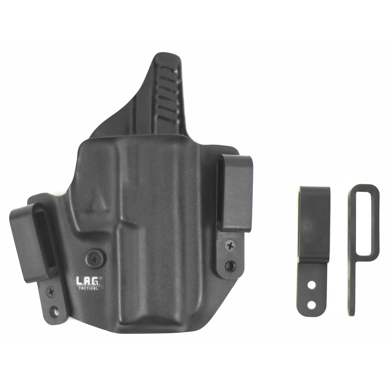 L.A.G. Tactical, Inc. LAG SA HELLCAT PRO IWB RH BLK holster with belt attachment accessories, black concealed carry holster for inside-the-waistband use.