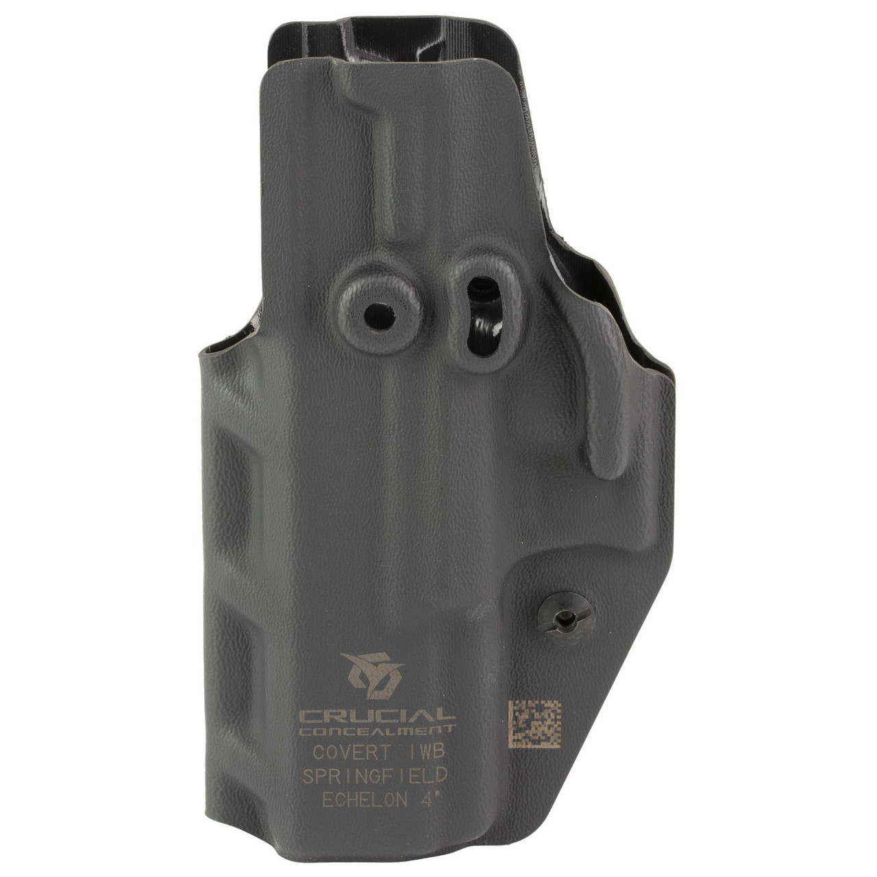 Crucial Concealment 1459 Covert IWB Holster - Ambidextrous, Adjustable Cant & Retention, Optic Compatible for Ultimate Concealment, showing a black, ergonomic design with attachment points for secure carry.