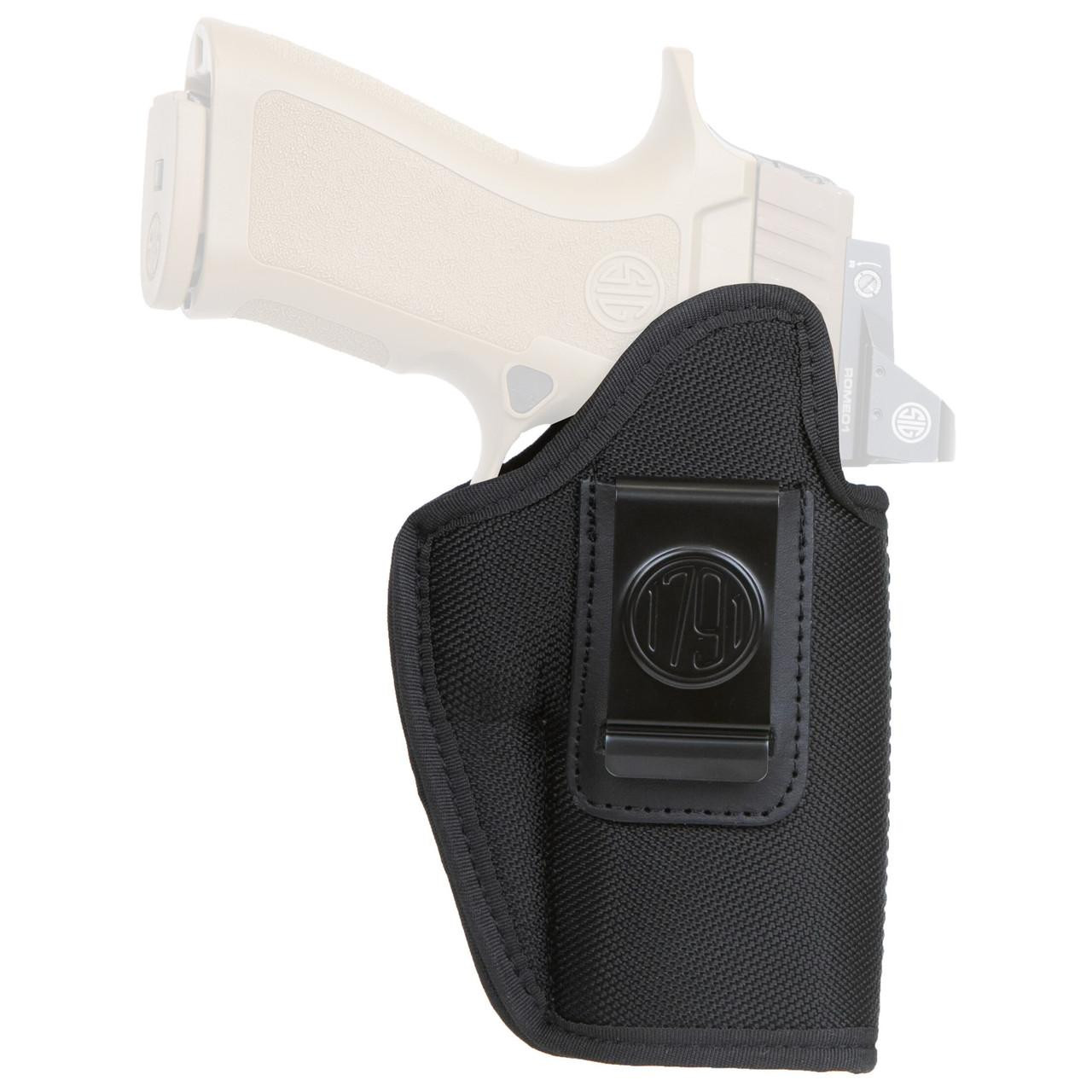 1791 Gunleather 1791 PRM NYLON IWB SZ 5 BLACK RH, black nylon inside-the-waistband gun holster with 1791 logo, designed for concealed carry of a firearm.