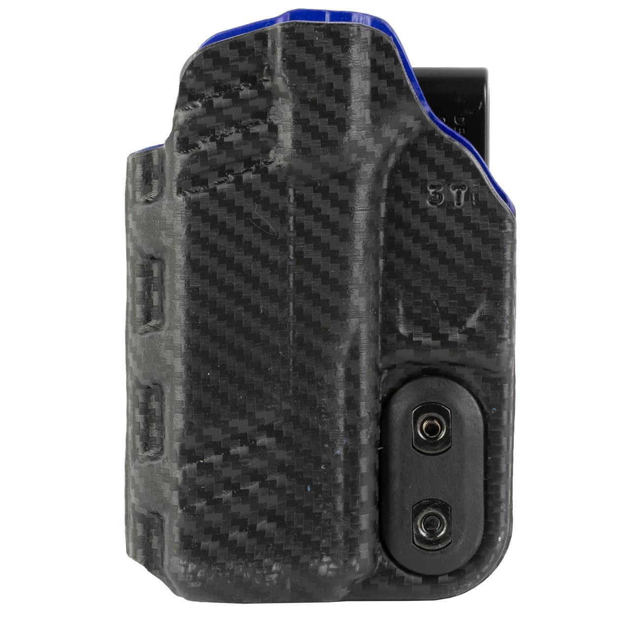 DeSantis Gunhide DESANTIS SLIM-TUK G43X MOS AMBI CF, a black carbon fiber gun holster with a sleek design and attachment points.
