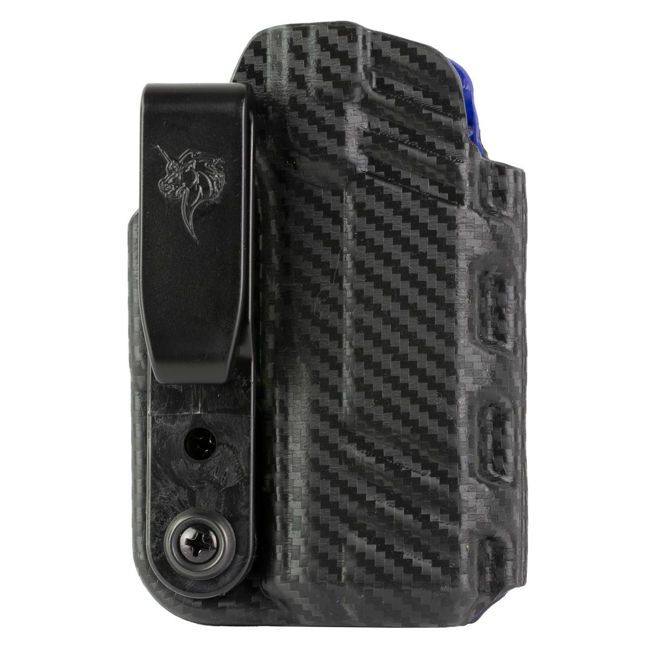 DeSantis Gunhide DESANTIS SLIM-TUK G43X MOS AMBI CF, a black carrying case with a textured carbon fiber pattern and a black clip with a dragon emblem.