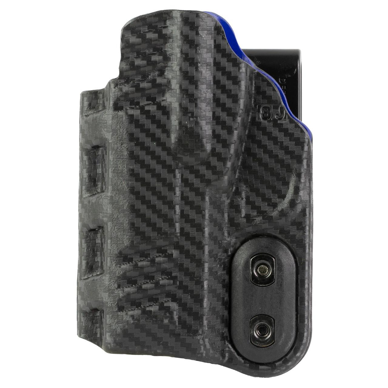 DeSantis Gunhide DESANTIS SLIM-TUK SIG P365 AMBI CF, a slim, black and blue carbon fiber textured holster designed for the SIG P365 pistol.