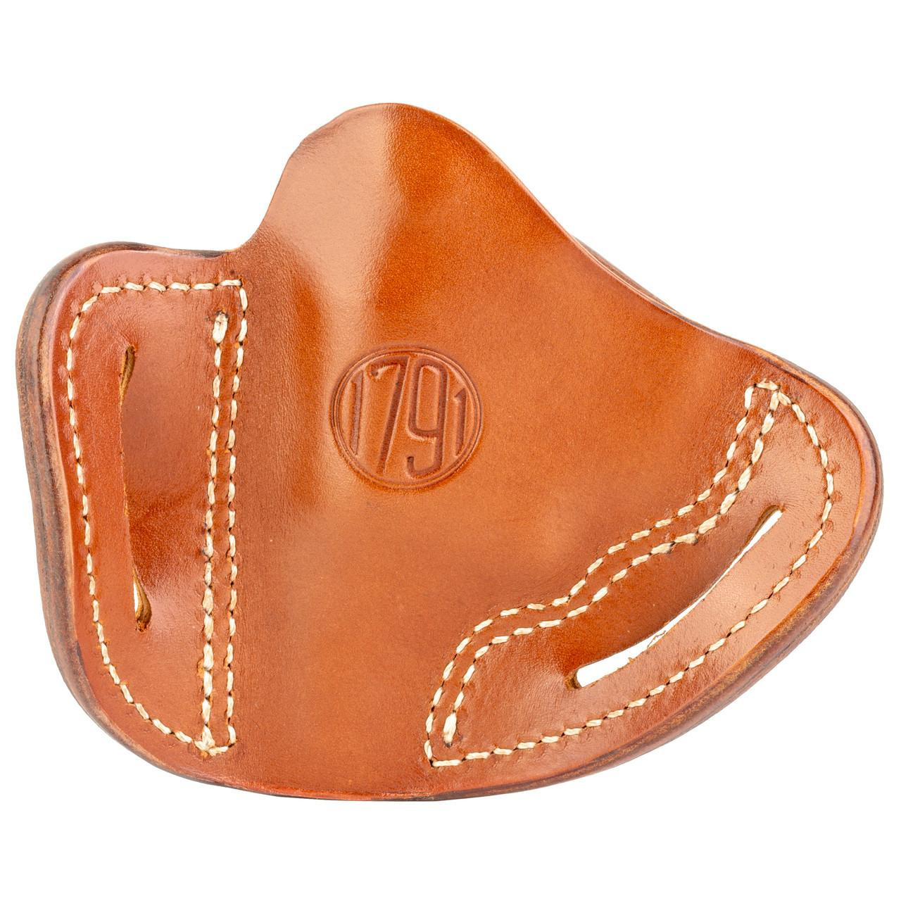 1791 Gunleather 1791 REVOLVER CLASS BROWN RH SZ 1, a brown leather revolver holster with white stitching and embossed logo.