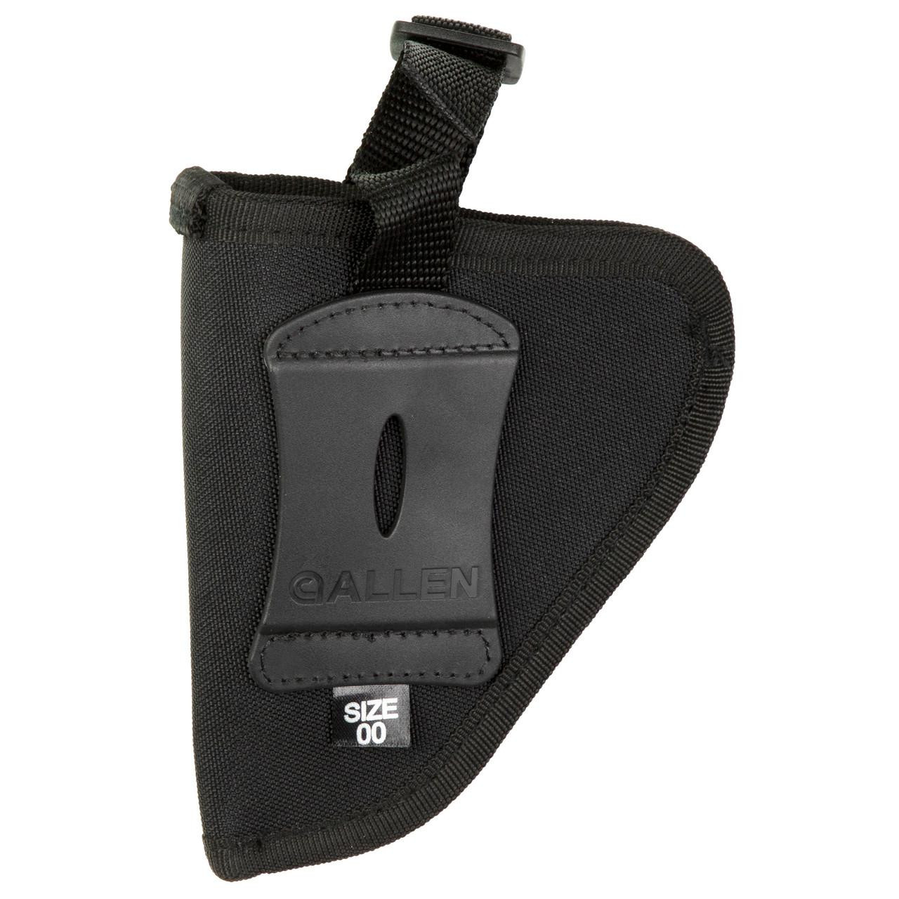 Allen Company ALLEN CORTEZ NYLON HOLSTER BLK SZ 0, black nylon holster with a metal clip and a compact design for firearm carry.