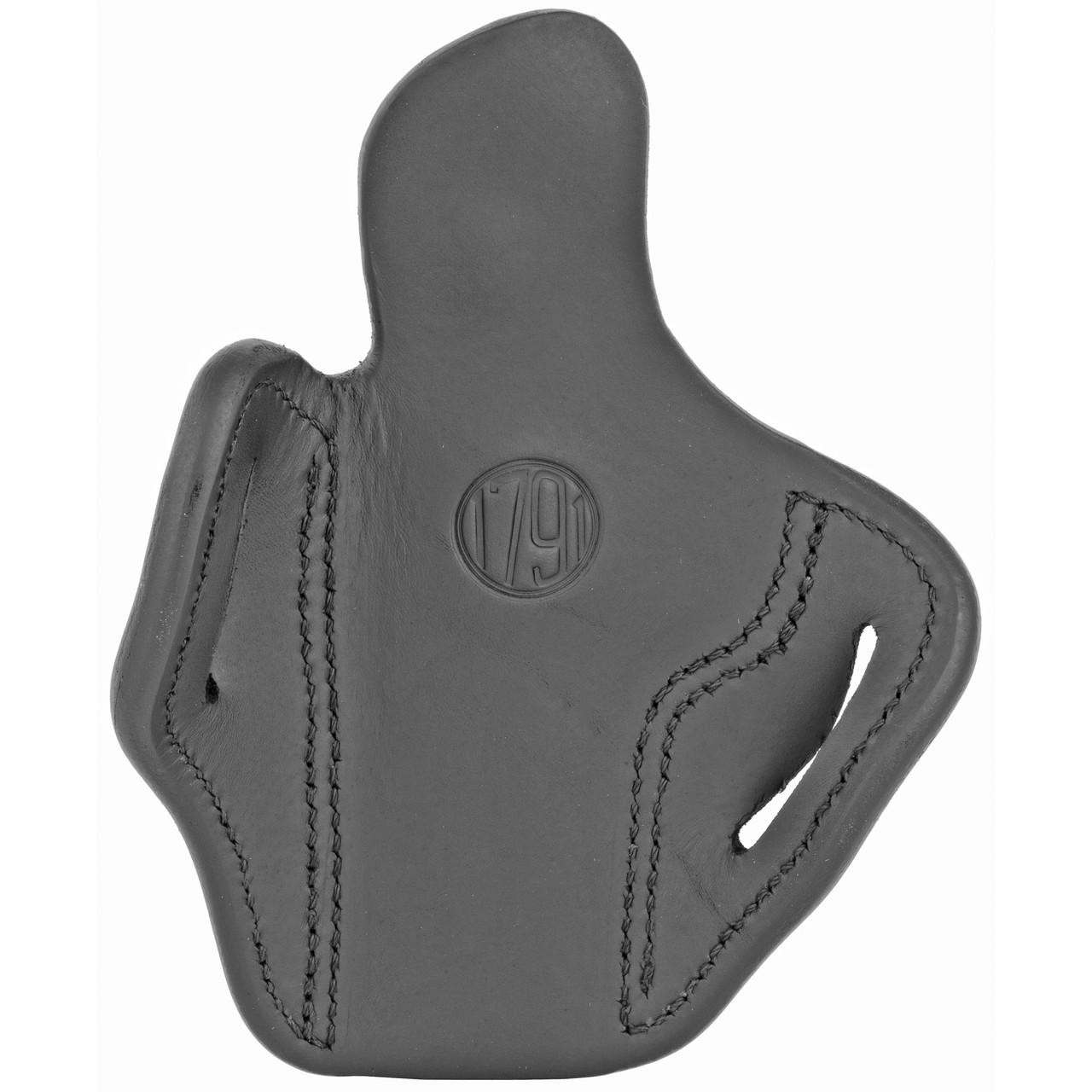 1791 Gunleather 1791 OPTC RDY STEALTH BLK RH SZ 2.4, black leather gun holster for right-handed use with stitching details and embossed logo.