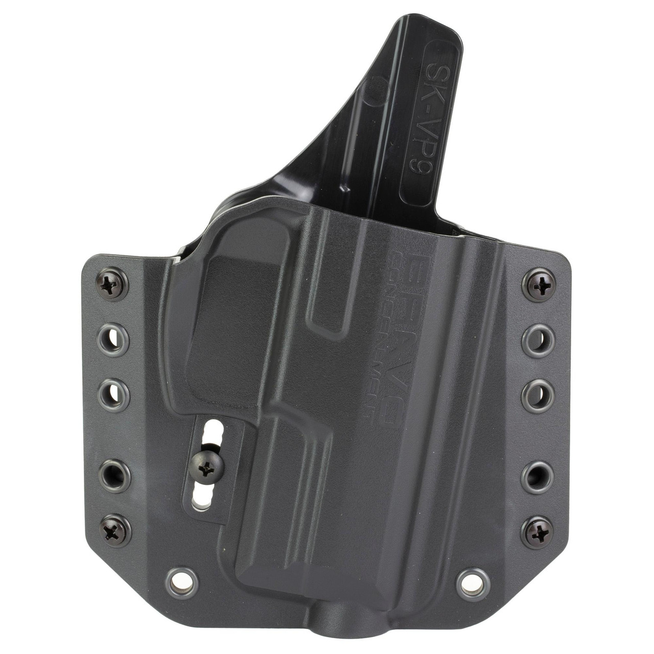 Bravo Concealment BC10-1007 Adaptive OWB Holster - Ultimate Outside the Waistband Concealed Carry Fit, black holster with adjustable screws and a pistol grip showing.