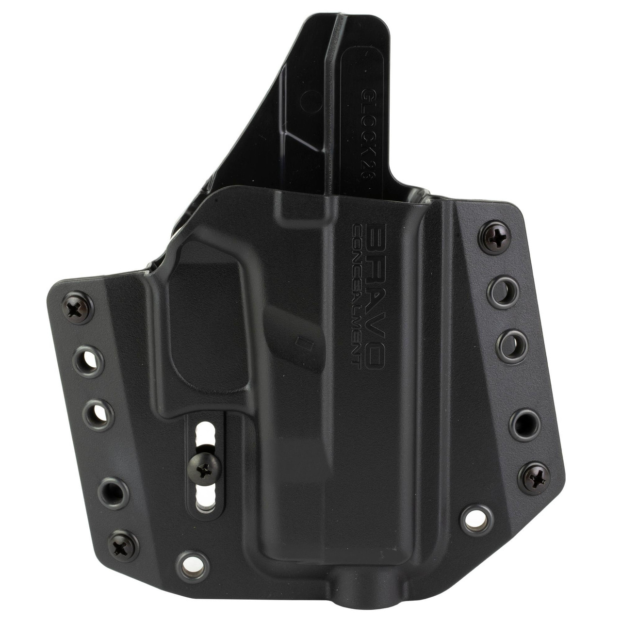 Bravo Concealment BC10-1003 Adaptive OWB Holster - Premium Outside Waistband Carry for Ultimate Concealment, black leather holster with adjustable attachments.