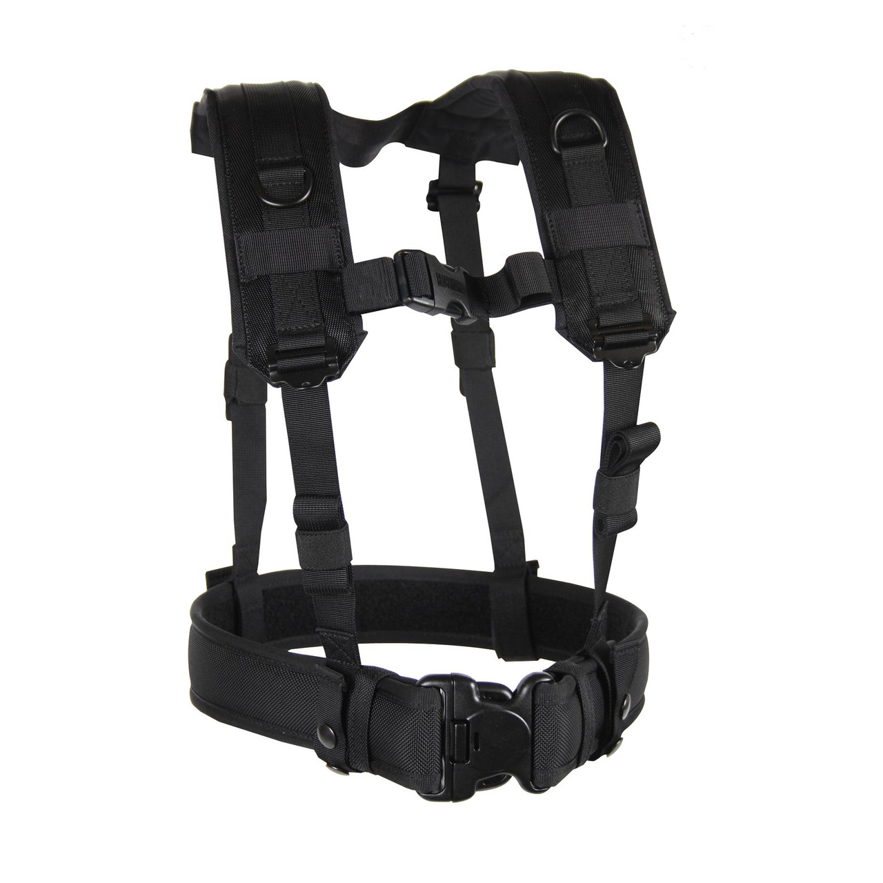BLACKHAWK 35LBS1BK Load Bearing Suspenders, Military-Grade H-Harness with Drag Handle & Sternum Strap positioned to show black tactical load-bearing harness with adjustable straps, heavy-duty buckle, and side D-rings.