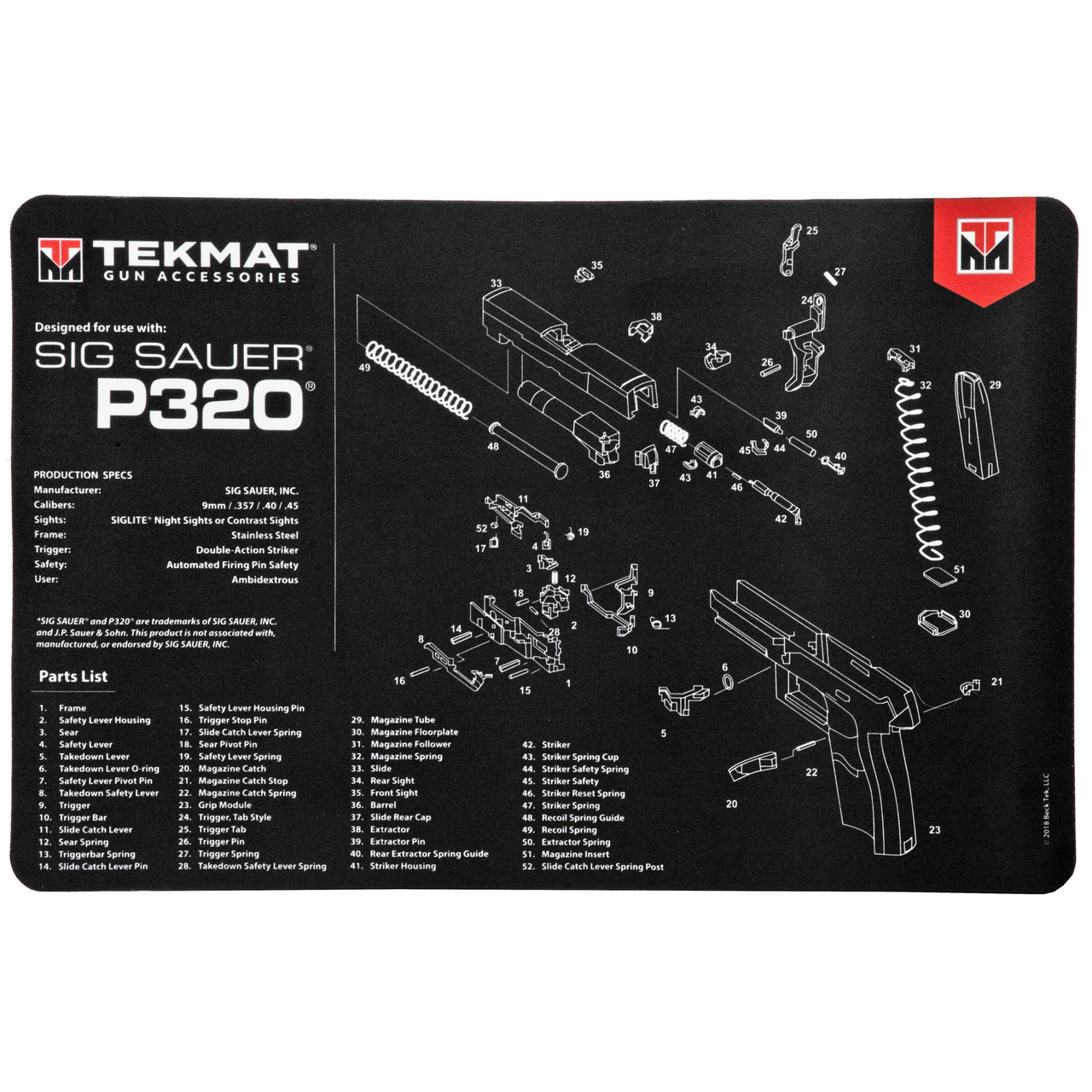 TekMat TEK-R17-SIGP320 gun cleaning mat, detailed diagram of SIG Sauer P320 pistol parts and assembly.