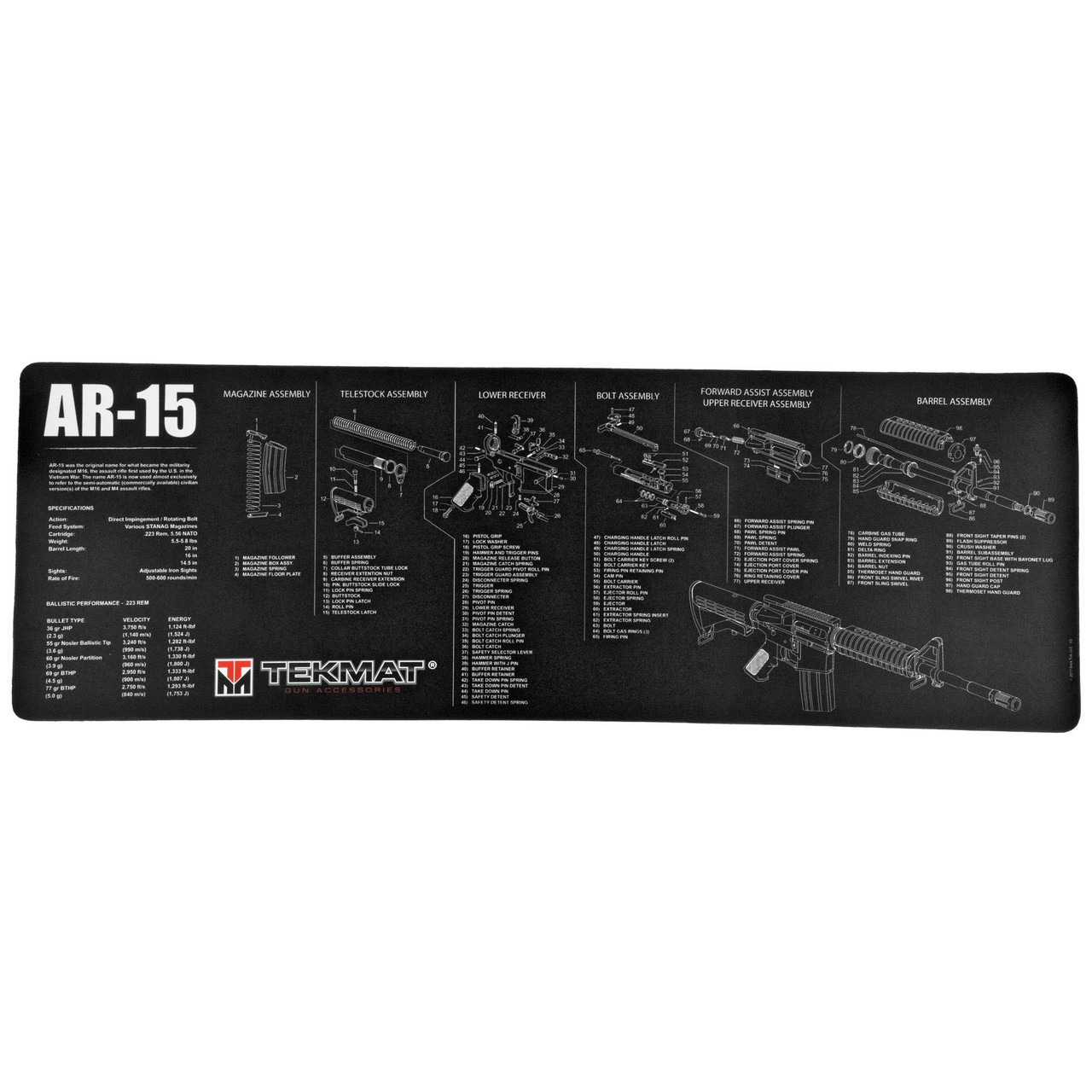 TekMat TEK-R36-AR15, detailed black gun mat featuring exploded diagram and component list for AR-15 rifle.