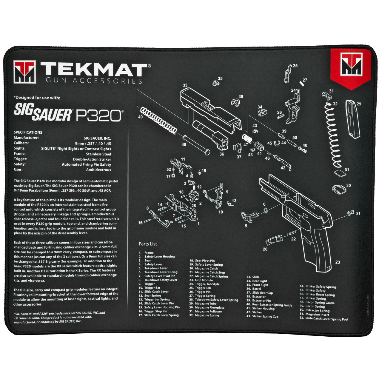TekMat TEK-R20-SIGP320, detailed exploded view of the SIG Sauer P320 handgun parts on a black mat.