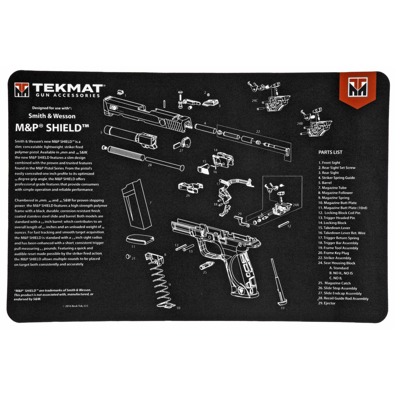 TekMat TEK-R17-SW-MP-SHIELD product diagram, detailed illustration of the Smith & Wesson M&P Shield tactical firearm accessories with labeled parts and a parts list.