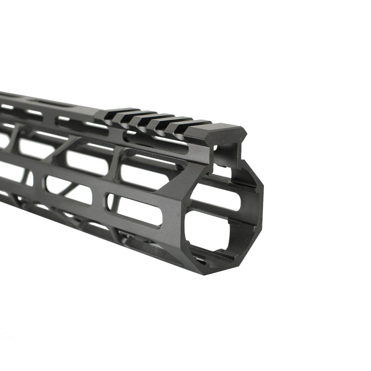 ABCSportZ Made in USA AR-15 Ultralightweight MLOK Free Float Handguard with Barrel Nut, close-up image of the handguard with MLOK slots and barrel nut design.