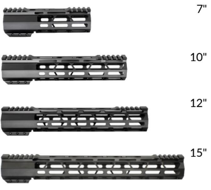 ABC SportZ Made in USA AR-15 Ultralightweight MLOK Free Float Handguard with Barrel Nut, in black, available in 7-inch, 10-inch, 12-inch, and 15-inch lengths.