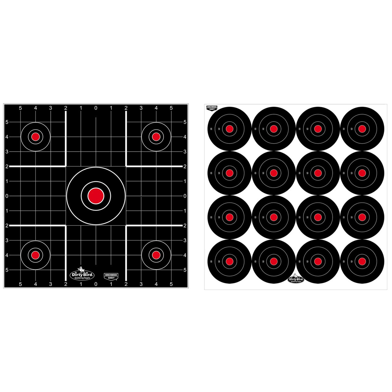 Birchwood Casey BC-35325 High-Quality Shooting Targets, black and white indoor and outdoor targets with instant splatter feedback showing red bullseyes and score rings.