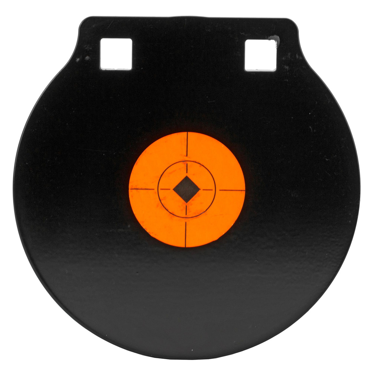 Birchwood Casey BC-47608 AR500 Steel Shooting Targets - 6" Diameter for Centerfire Rifles and Handguns, orange illuminated bullseye target with black crosshairs and square center.