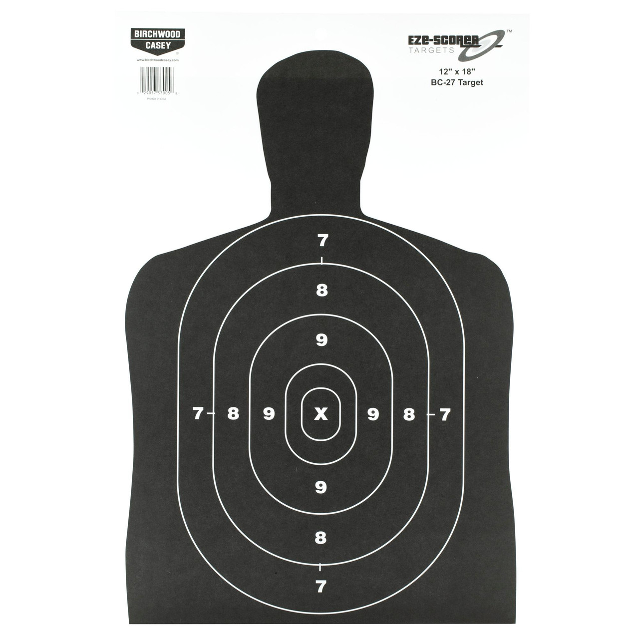 Birchwood Casey BC-37005 High Visibility Shooting Targets, a black silhouette target with white concentric circles and an X in the center, designed for indoor and outdoor shooting ranges, compatible with all calibers.