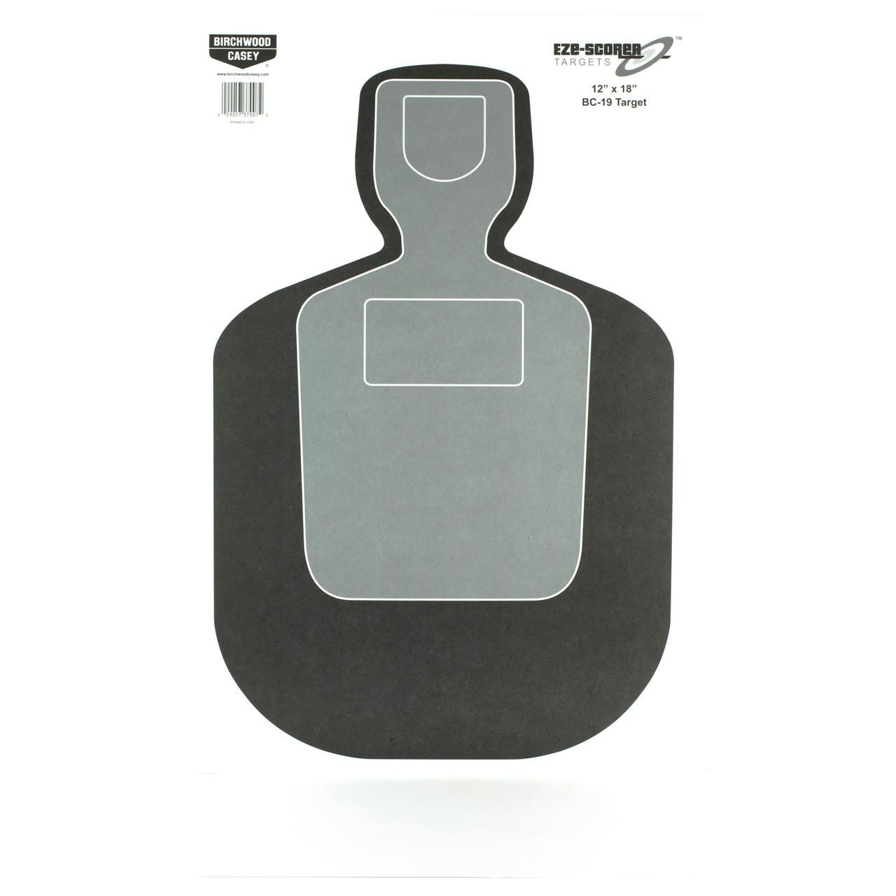 Birchwood Casey EZE-SCORER BC-19 TGT 100-12X18, target shooting paper target with a silhouette shape for handgun practice.