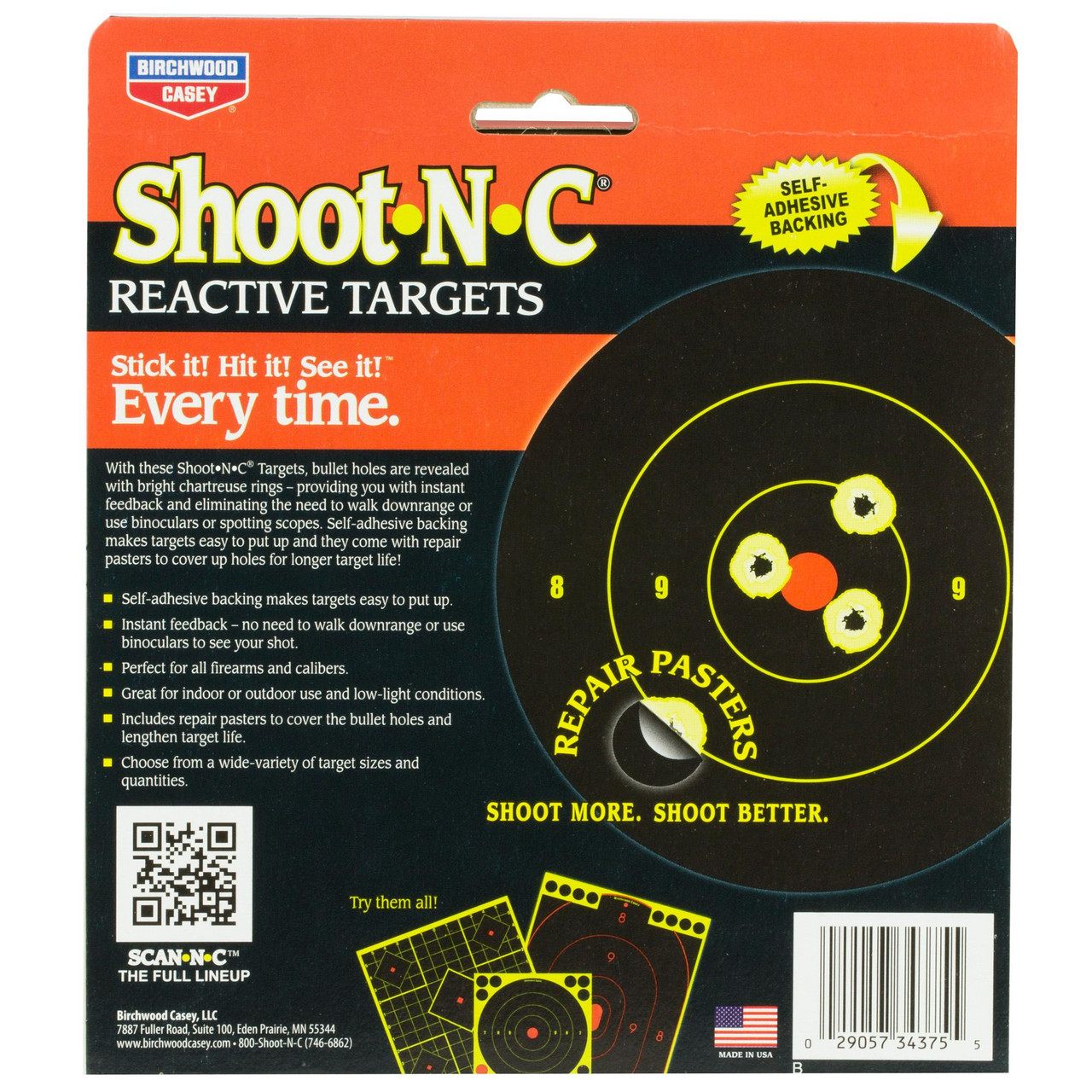 Birchwood Casey BC-34375 Self-Adhesive Shooting Targets - High Visibility for Indoor & Outdoor Practice, image of brightly colored reactive targets with self-adhesive backing and repair pastes for extended target life.